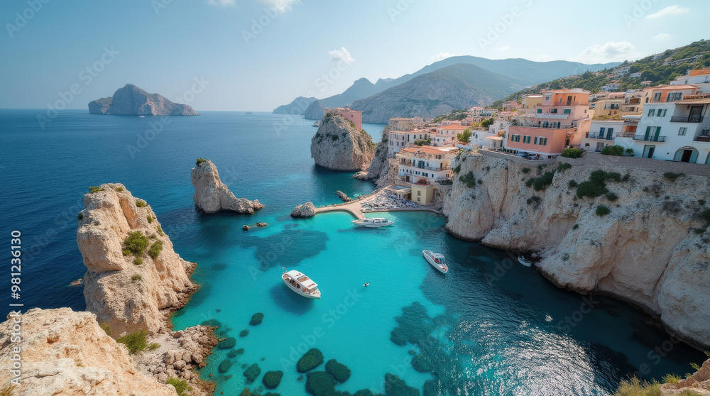 Fototapeta premium Stunning Ibiza Coastal Towns and Beaches: Mediterranean Island Paradise with Crystal Clear Waters and Luxurious Yachts - Perfect for Summer Vacations and Travel Photography