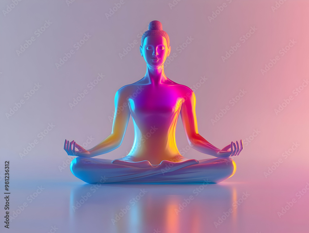 Flat Holographic Meditation Figure in Lotus Pose: Wide Shot Emanating Calm Waves, Isolated on White with Mindfulness Messaging Space - Simple Vector Illustration Flat Holographic Meditation Figure in Lotus Pose: Wide Shot Emanating Calm Waves, Isolated on White with Mindfulness Messaging Space - Simple Vector Illustration