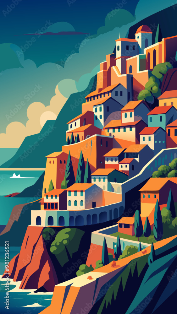 A painting of a town with a blue sky and a boat in the water