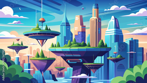 A cityscape with a futuristic feel, with buildings and trees floating in the air