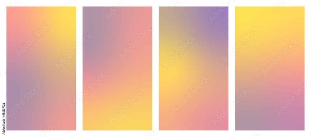 Trendy gradient templates set for web and social media. Smooth gradient pastel backgrounds for Instagram stories. Beautiful vector wallpaper set. Pink, purple, yellow Trendy gradient templates set for web and social media. Smooth gradient pastel backgrounds for Instagram stories. Beautiful vector wallpaper set. Pink, purple, yellow