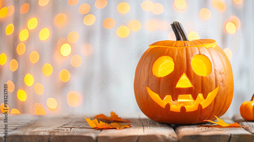 Halloween pumpkin carved with a spooky face glowing in the dark with fall leaves Halloween pumpkin carved with a spooky face glowing in the dark with fall leaves