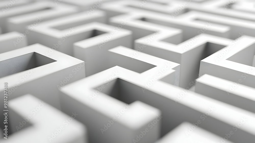 3D Cartoon Style Maze Pattern with Rising and Falling Prediction Graph Lines - Navigating Intricate Pathways on White Background for Forecasting Accuracy