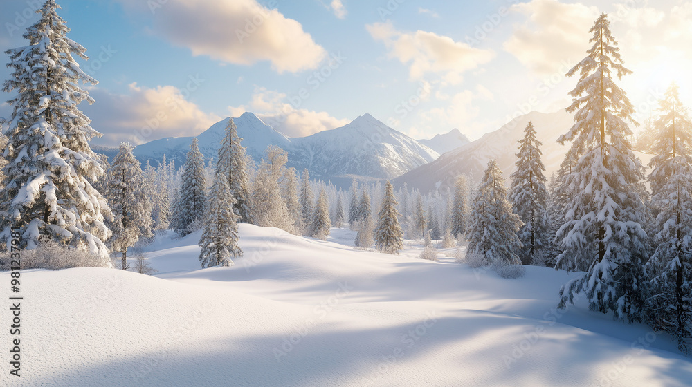 Obraz premium Winter landscape with serene atmosphere and snow-covered mountains in the background