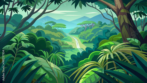 A lush green jungle with a road running through it