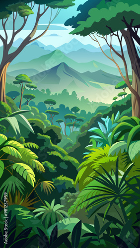 A lush green jungle with a mountain in the background