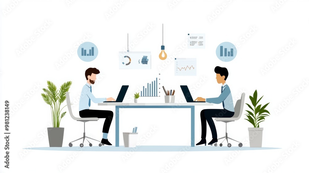 Two Businessmen Working at Desk with Laptops and Charts Two Businessmen Working at Desk with Laptops and Charts
