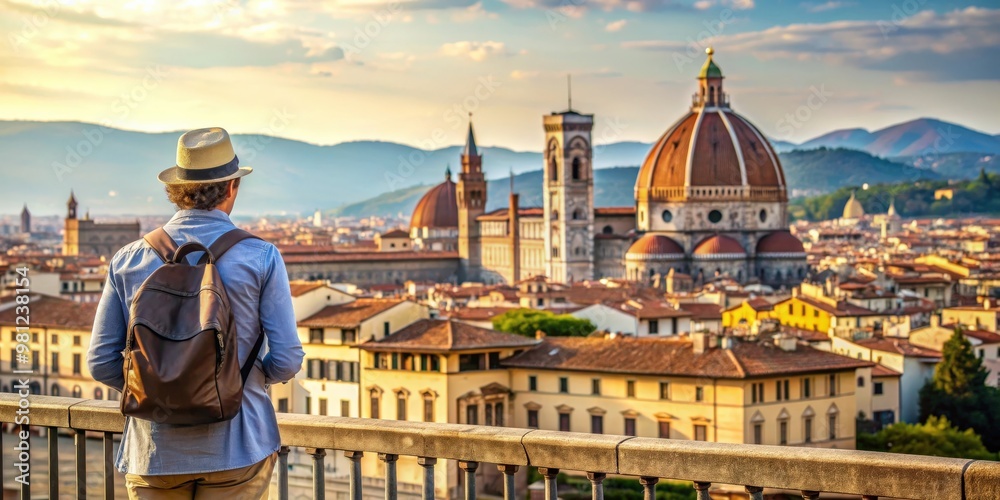 Obraz premium Sightseer exploring the historic landmarks of Florence, Italy with famous Duomo cathedral in the background, Florence