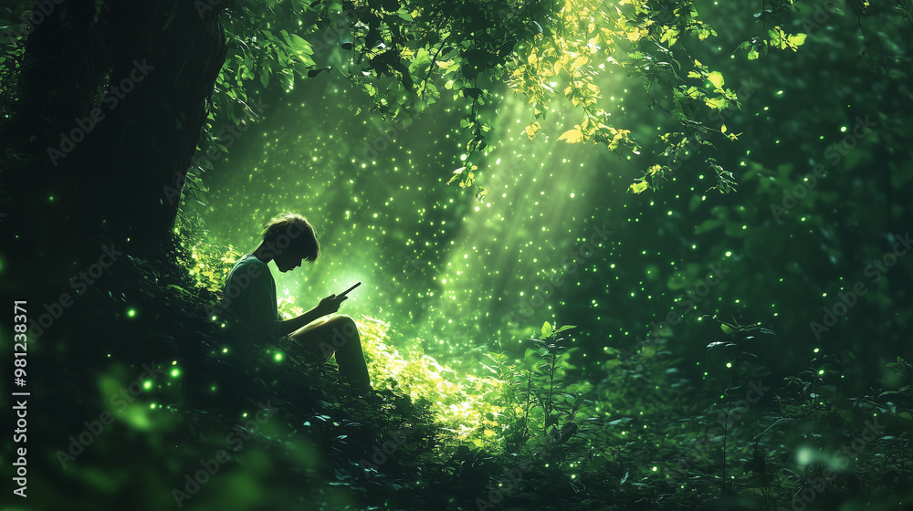 Person using smartphone in glowing green forest, digital detox and mindfulness Person using smartphone in glowing green forest, digital detox and mindfulness