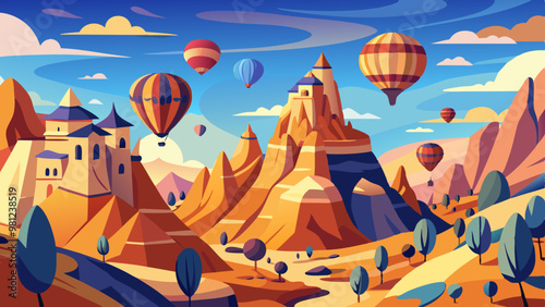 A painting of a mountain range with hot air balloons flying over it