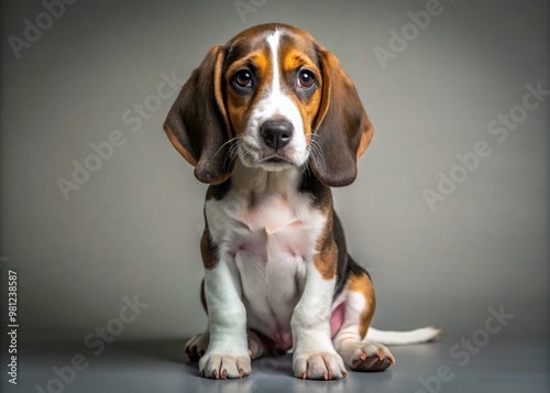 Adorable Treeing Walker Coonhound puppy with floppy ears and big brown eyes looks directly at camera, sitting on a blank studio background with copy space.