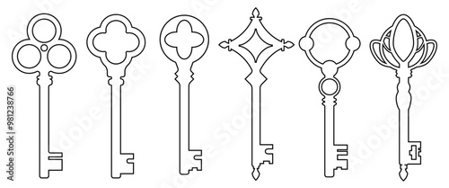 Black Outline Isolate Antique key silhouettes vector design, Classic modern keys clip art, vintage , Gothic and Retro style graphic elements for Decoration, Classic illustration, Stock (Editable)