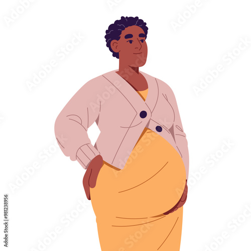 Black pregnant woman supports belly, holds hand under abdomen. Happy expectant mother loves her future baby. Modern pregnancy, motherhood. Flat isolated vector illustration on white background