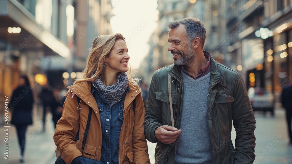Partners engaged in a candid conversation while strolling through a city street.