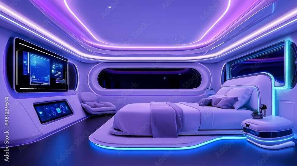 Fototapeta premium Futuristic Bedroom Interior Design with LED Lights and Modern Furniture