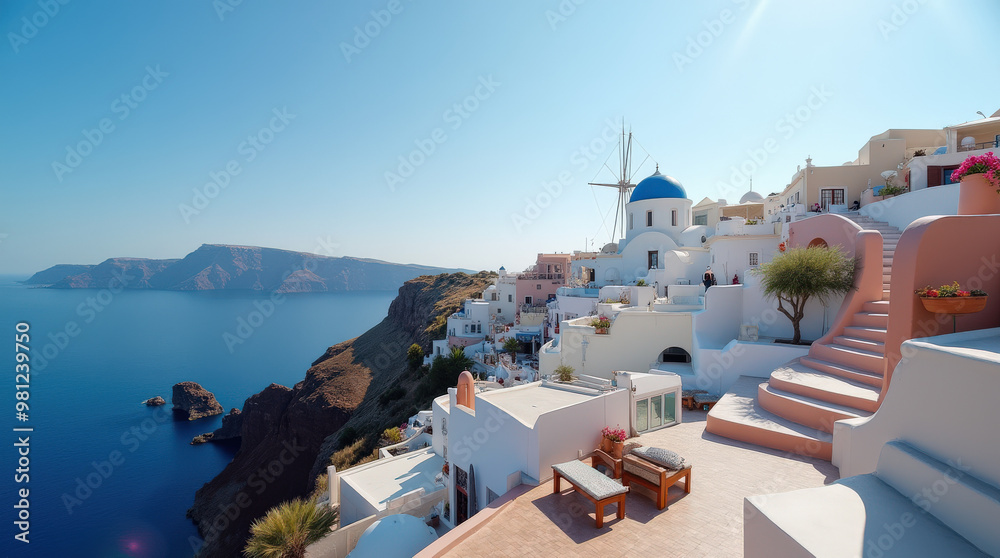 Obraz premium Breathtaking Aerial Views of Santorini at Sunset - Iconic White Buildings and Blue Domes Overlooking the Caldera