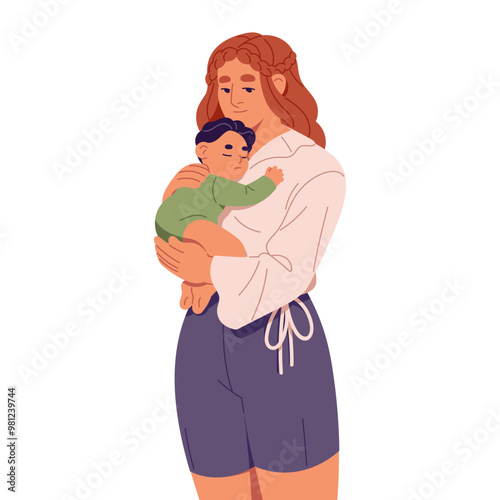 Happy mother holds asleep baby. Woman loves, hugs newborn. Cute infant sleeps in mom's hands. Joyful parent cuddles kid, child. Motherhood. Flat isolated vector illustration on white background