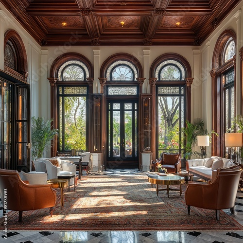 A luxurious living room with arched windows, a patterned rug, and leather armchairs.