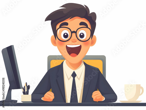 Excited Politician's Reaction During Fundraising Call - Flat Vector Illustration of Success in Campaign Finance with Computer Screen Display photo