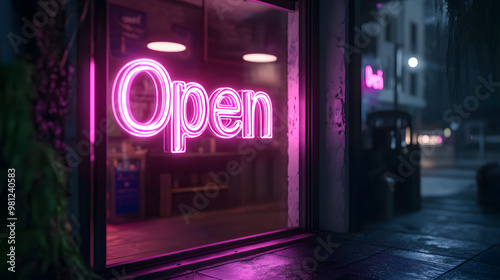 Open neon sign, glow light in bright color, store sign, background illustration