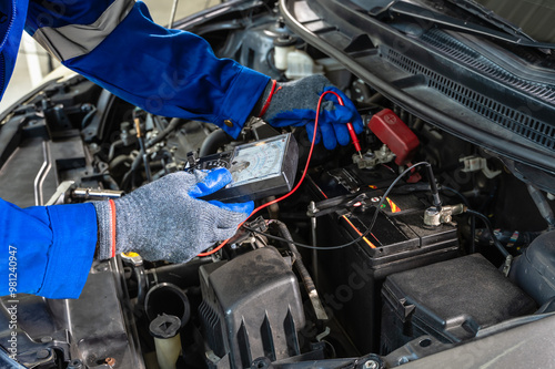 Car mechanic man with voltmeter checking battery during car maintenance in auto repair service photo