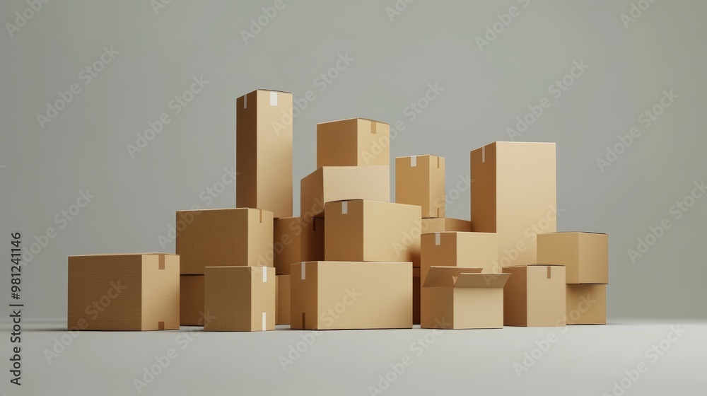 A collection of stacked cardboard boxes in a minimalistic setting, perfect for themes of delivery and storage. A collection of stacked cardboard boxes in a minimalistic setting, perfect for themes of delivery and storage.