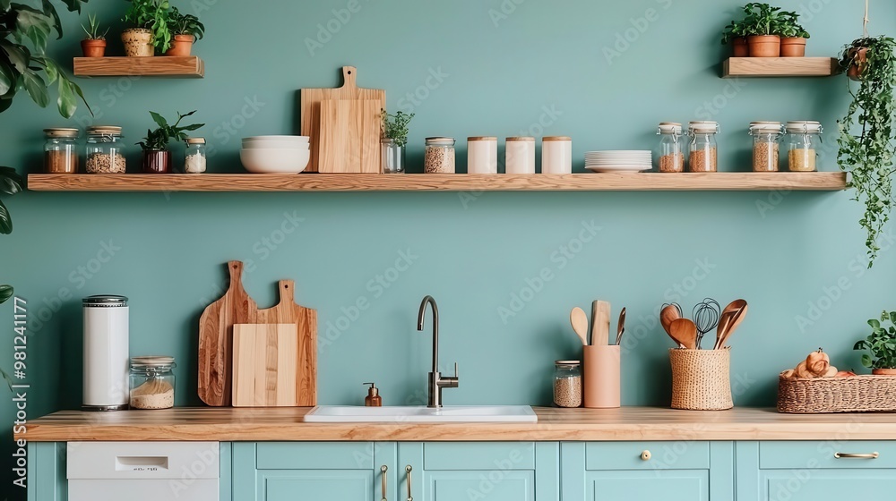 Cozy kitchen with pastel blue cabinetry, wooden shelves, and warm lighting, colorful kitchen interior, modern rustic design Cozy kitchen with pastel blue cabinetry, wooden shelves, and warm lighting, colorful kitchen interior, modern rustic design