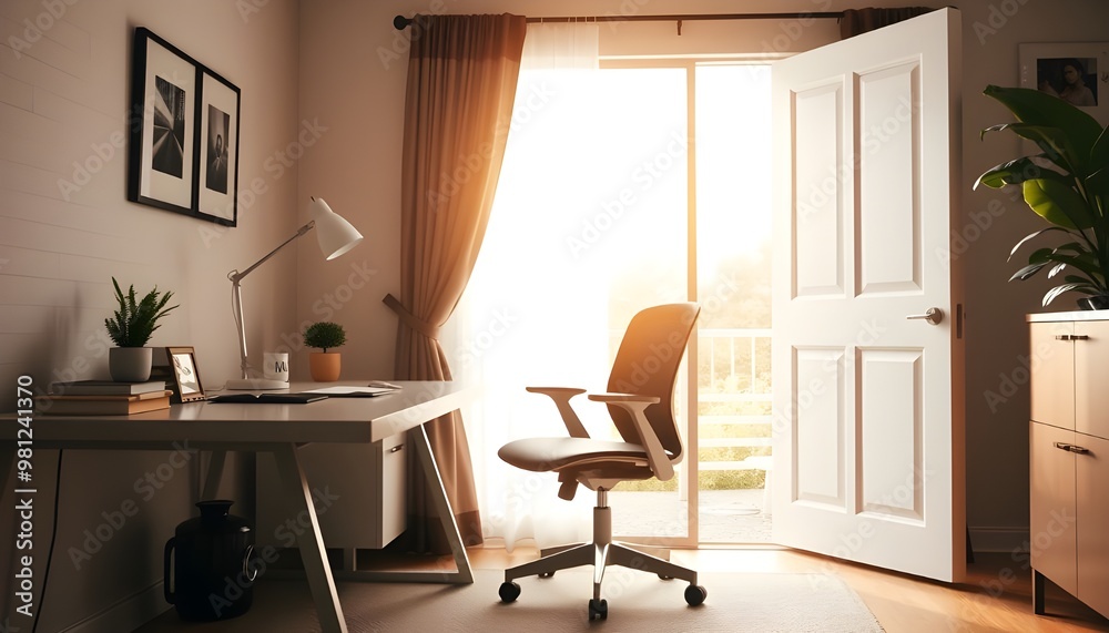 Chic home office with a sleek desk, an ergonomic chair, and a minimalistic desk lamp.