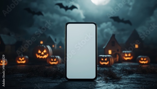 A dark-themed smartphone mockup resting on a backdrop of a haunted village, with glowing pumpkins scattered around and bats circling overhead in the moonlight. photo