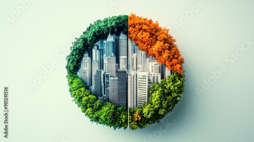 A creative blend of nature and urban life, showcasing a vibrant cityscape within a circular arrangement of foliage. photo