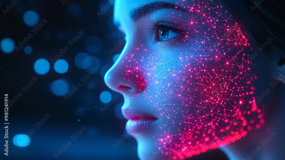 A woman's face is shown in a computer generated image with a blue eye and red lines. The image has a futuristic and technological feel to it, with the woman's face being made up of computer code A woman's face is shown in a computer generated image with a blue eye and red lines. The image has a futuristic and technological feel to it, with the woman's face being made up of computer code