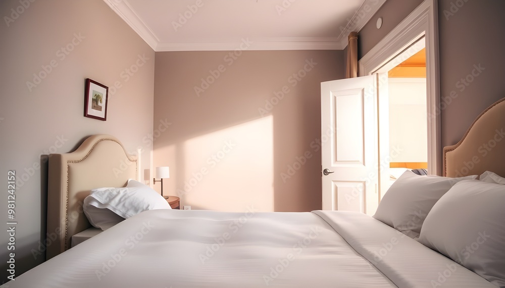 Elegant bedroom with a neatly made bed, white linens, and a stylish headboard. Elegant bedroom with a neatly made bed, white linens, and a stylish headboard.