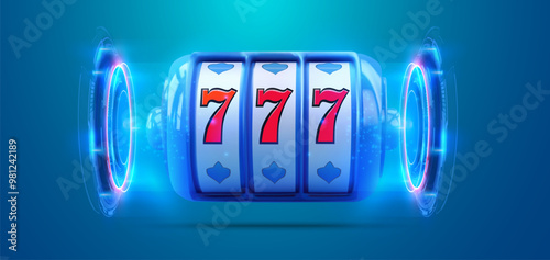 Vector illustration of a futuristic slot machine with the winning combination of triple sevens. Bright neon lights and glowing effects emphasize the excitement of gambling. 777 Big win casino concept.