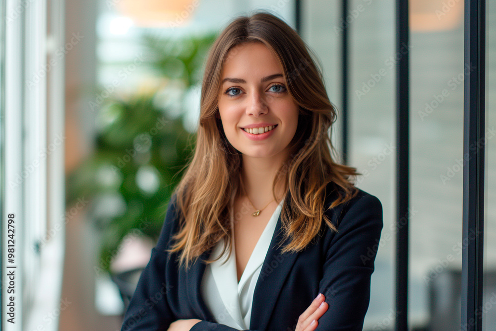 smiling confident woman in a suit in the office smiling confident woman in a suit in the office