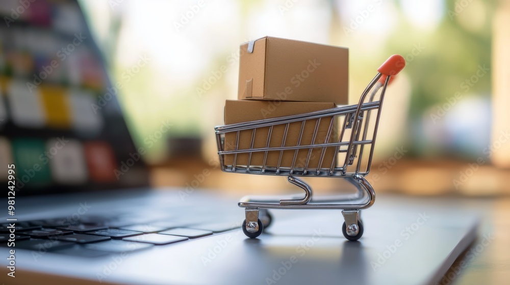 A miniature shopping cart with boxes on a laptop, symbolizing online shopping and e-commerce convenience. A miniature shopping cart with boxes on a laptop, symbolizing online shopping and e-commerce convenience.