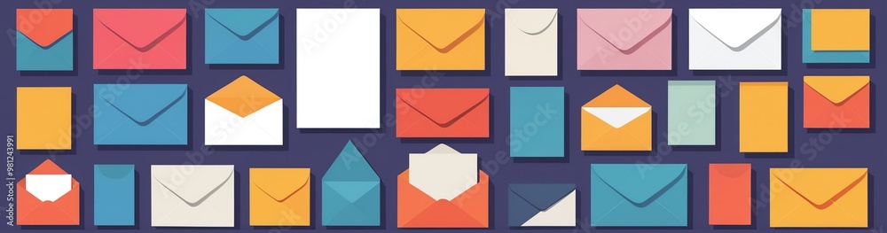 A lot of colorful bright envelopes with letter on purple background. Mail delivery. October World Post Day. International Letter Writing Week. Pattern design for banner, backdrop. A lot of colorful bright envelopes with letter on purple background. Mail delivery. October World Post Day. International Letter Writing Week. Pattern design for banner, backdrop.