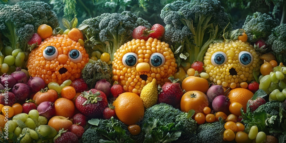 The whimsical city where fresh produce with eyes creates a delightful and playful atmosphere for urban settings The whimsical city where fresh produce with eyes creates a delightful and playful atmosphere for urban settings