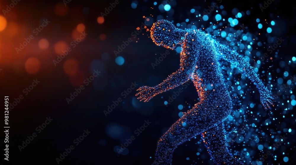 A glowing human figure composed of digital particles, representing technology and human evolution.