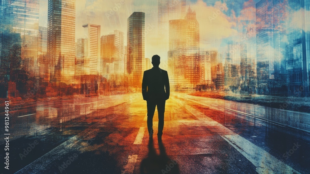 A solitary figure stands in a vibrant, abstract cityscape, symbolizing ambition and contemplation in a modern urban setting. A solitary figure stands in a vibrant, abstract cityscape, symbolizing ambition and contemplation in a modern urban setting.