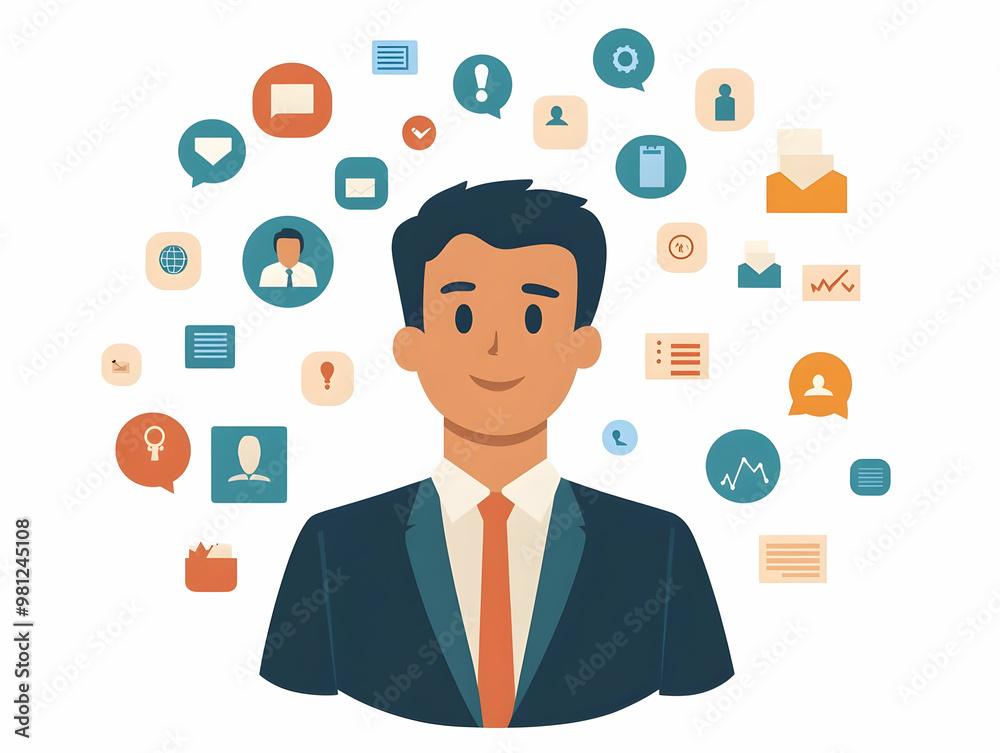 Flat Politician Avatar with Holographic Policy Icons: Close-Up of a Politician's Digital Representation Surrounded by Floating Policy Elements on White Background for Candidate Messaging Flat Politician Avatar with Holographic Policy Icons: Close-Up of a Politician's Digital Representation Surrounded by Floating Policy Elements on White Background for Candidate Messaging