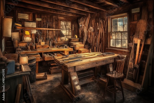 Antique tools and a wild west carpenter shop interior photo