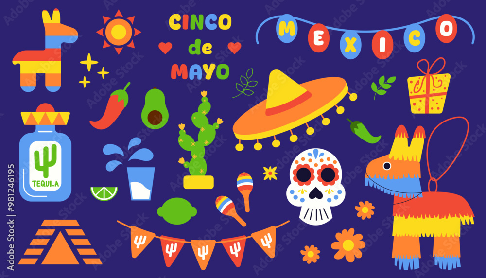 Fototapeta premium Cinco de Mayo illustration with various symbols sombrero, pinata, tequila bottle, maracas, sugar skull, cactus, traditional decorations. Festive and joyful spirit of Mexican holiday