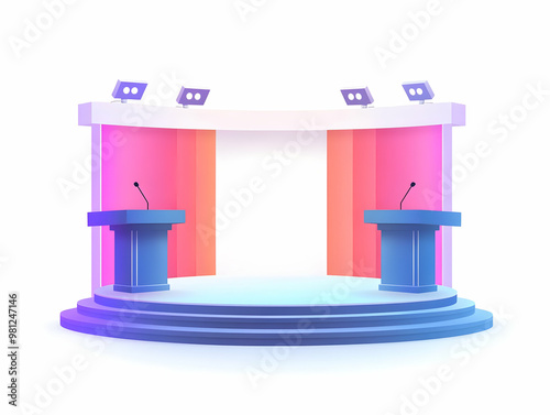 Flat Holographic Debate Stage with Real-Time Fact Check Bubbles: Simple Vector Illustration for Dynamic Political Engagement, White Background for Schedule Info