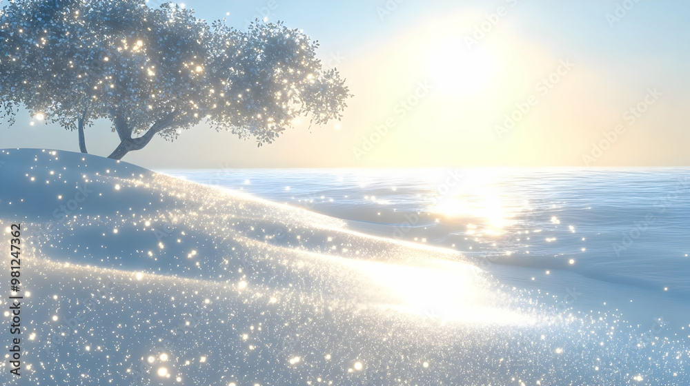 Sparkling Winter Beach:  Snow-Covered Sand and Glimmering Water
