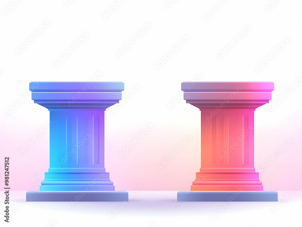 Flat Holographic Candidate Debate Podiums Concept - Wide Shot of Empty Colorful Podiums with Space for Names in Simple Vector Style Flat Holographic Candidate Debate Podiums Concept - Wide Shot of Empty Colorful Podiums with Space for Names in Simple Vector Style