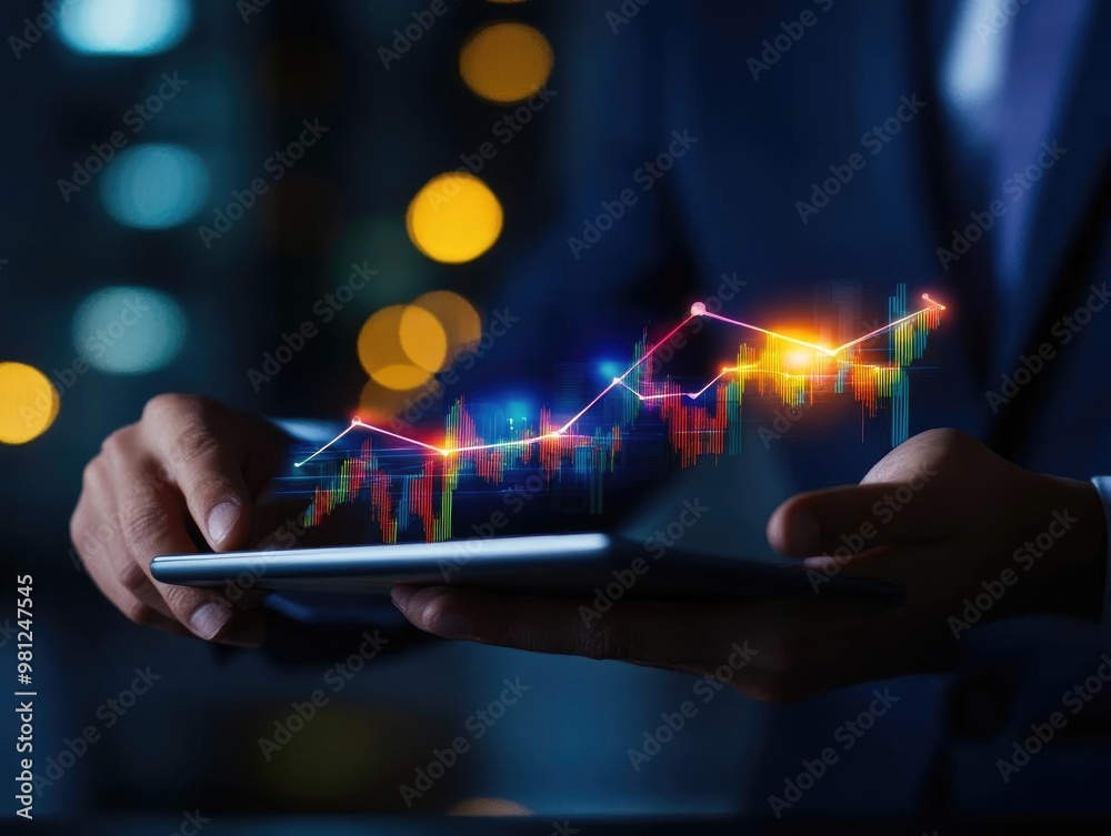 Professional holding tablet with digital financial chart illustrating growth and data analysis in a modern business setting. Professional holding tablet with digital financial chart illustrating growth and data analysis in a modern business setting.