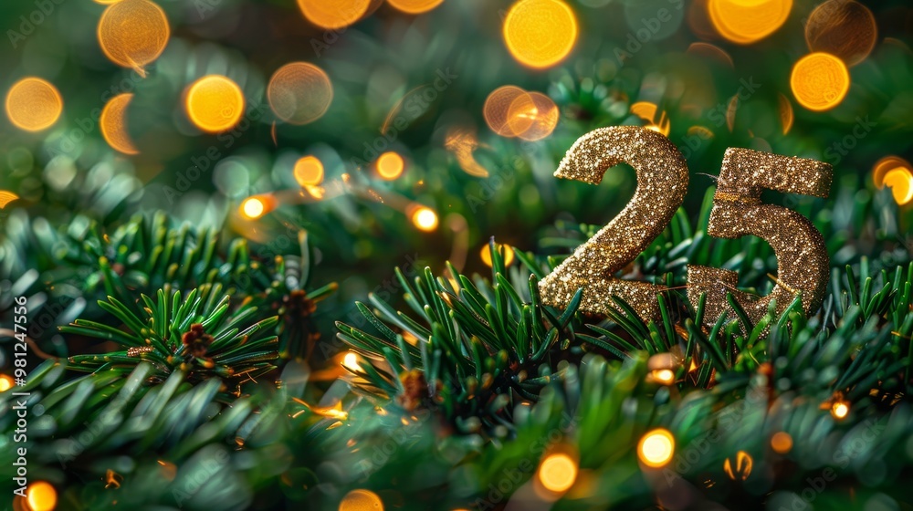 Golden glitter number twenty five on a Christmas tree background. Christmas or New Year concept. Golden glitter number twenty five on a Christmas tree background. Christmas or New Year concept.