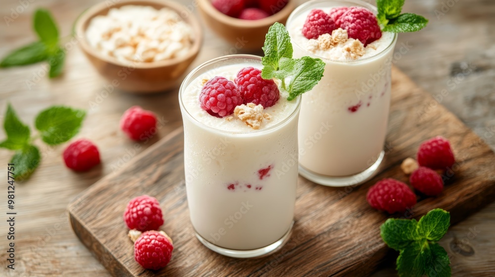Delicious yogurt dessert with raspberries and oats, perfect for a refreshing treat or healthy snack on a wooden board. Delicious yogurt dessert with raspberries and oats, perfect for a refreshing treat or healthy snack on a wooden board.