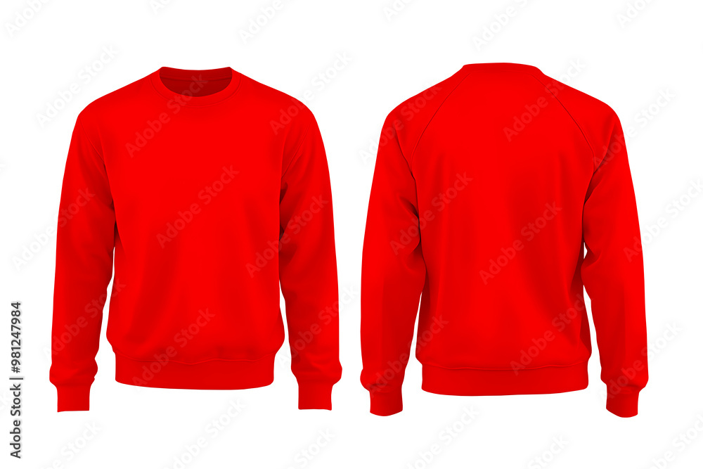 Set of red sweatshirt, tee, and long sleeve sweater in front and back view on a transparent background, cutout PNG file. Mockup template for graphic design and artwork.