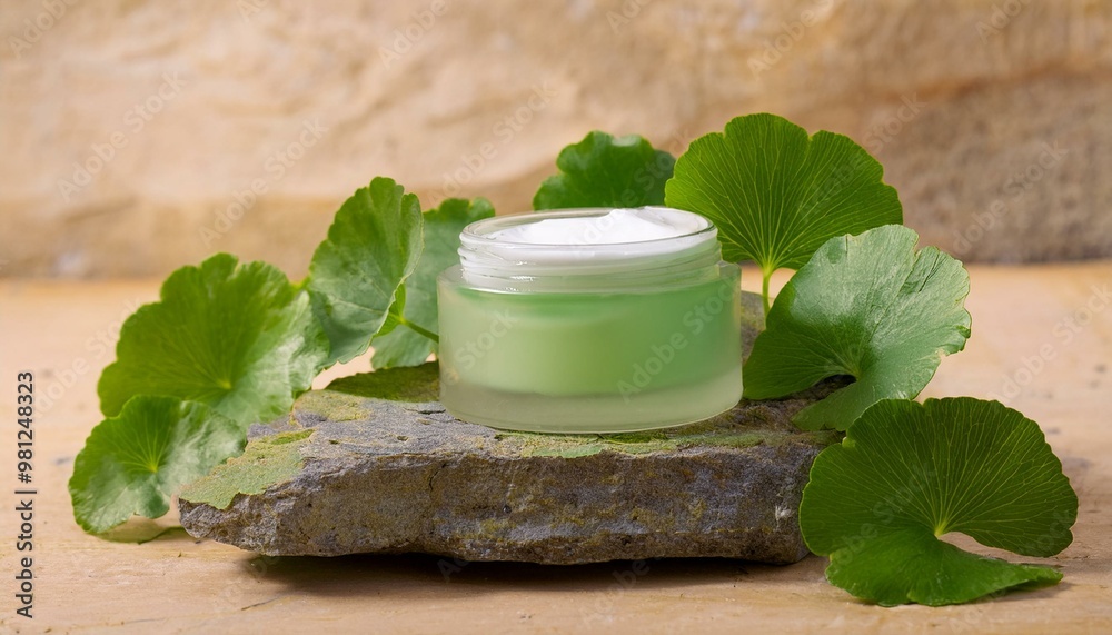 A small jar of cream sits on a rock with green leaves surrounding it A small jar of cream sits on a rock with green leaves surrounding it